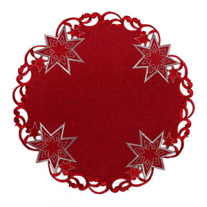 Vánoční vyšívaný ubrus Hvězdy červená, pr. 35 cm