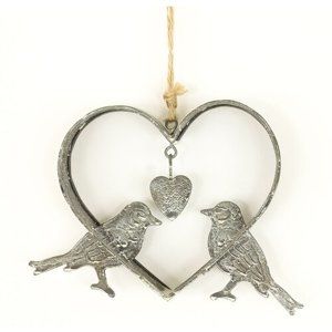Závěsná kovová dekorace Heart with birds, 14 cm