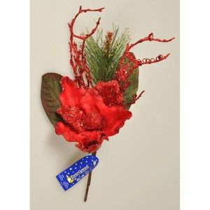 Vánoční větvička Magnólie s korálky červená, 45 cm