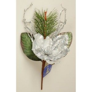 Vánoční větvička Magnólie s korálky stříbrná, 45 cm